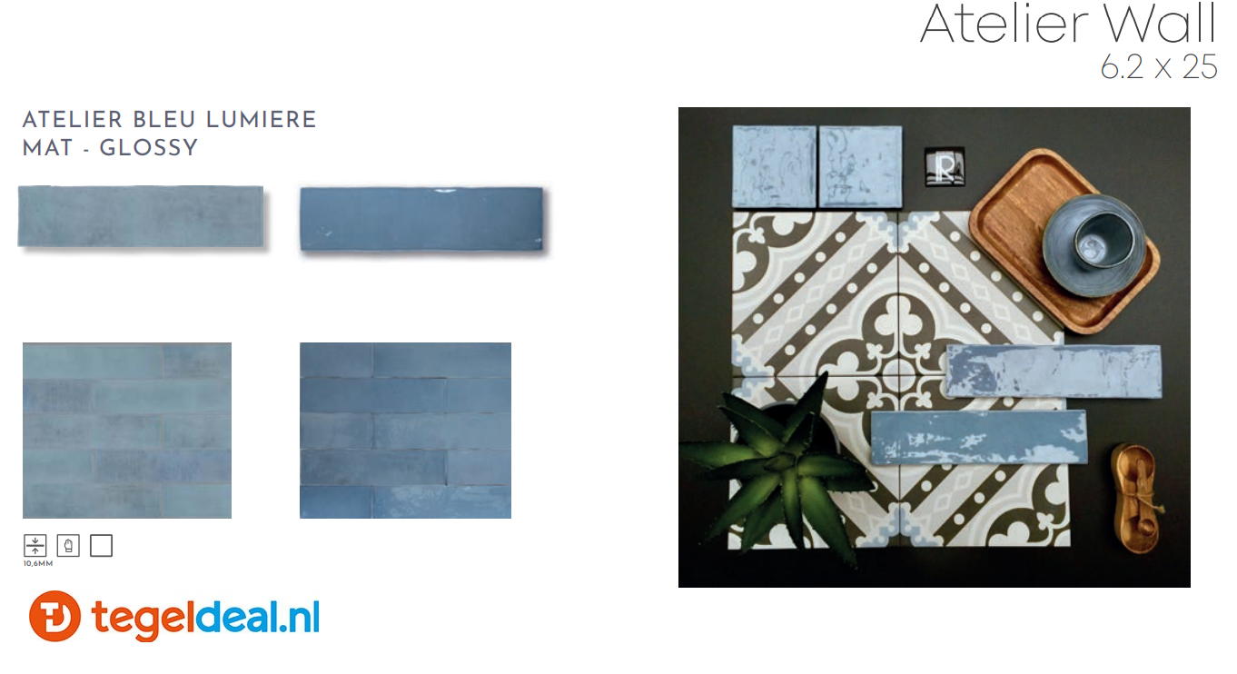 Revoir Paris, Atelier Bleu Lumiere, 6,2x25 cm glans, handvorm wandtegels
