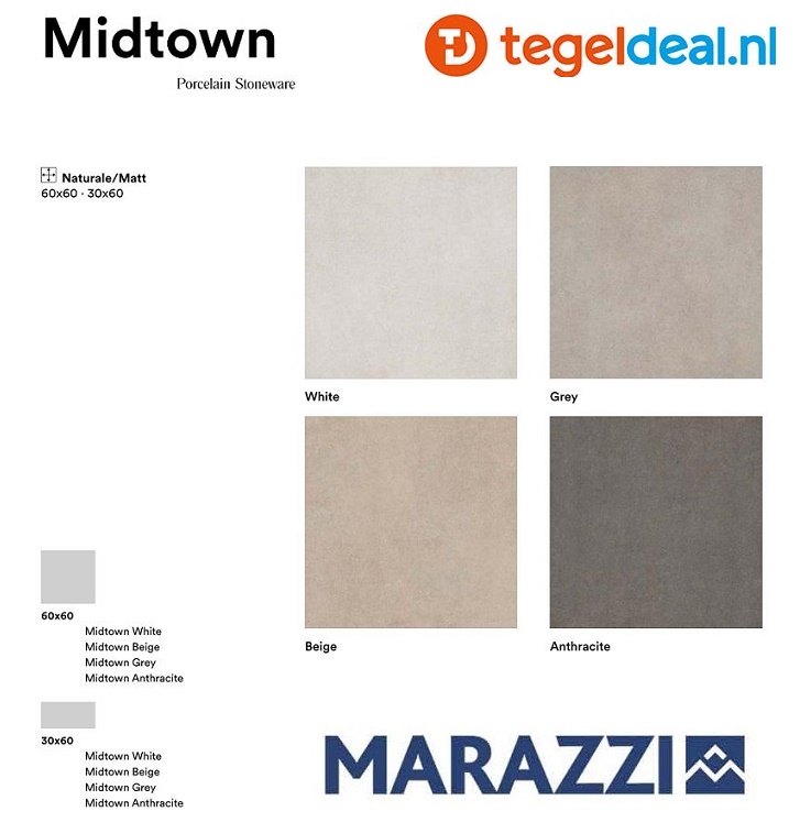 Marazzi Midtown, betonlook tegels - 4 kleuren - 2 formaten