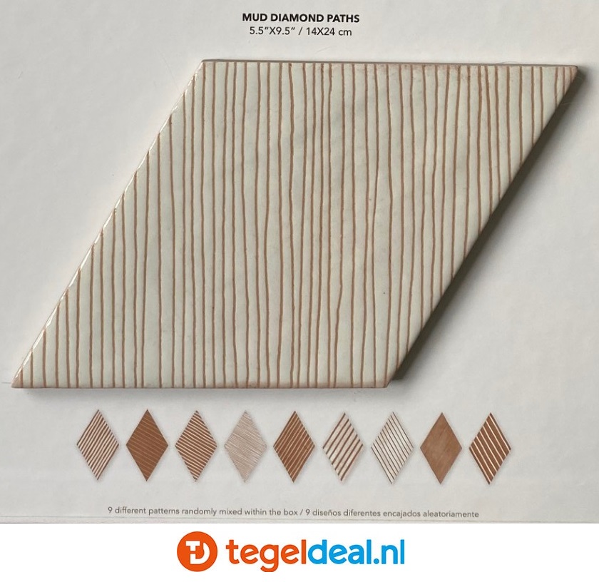 WOW Design, Mud Diamond WOOD DARK, 14x24 cm - ruitvorm houtlook tegels