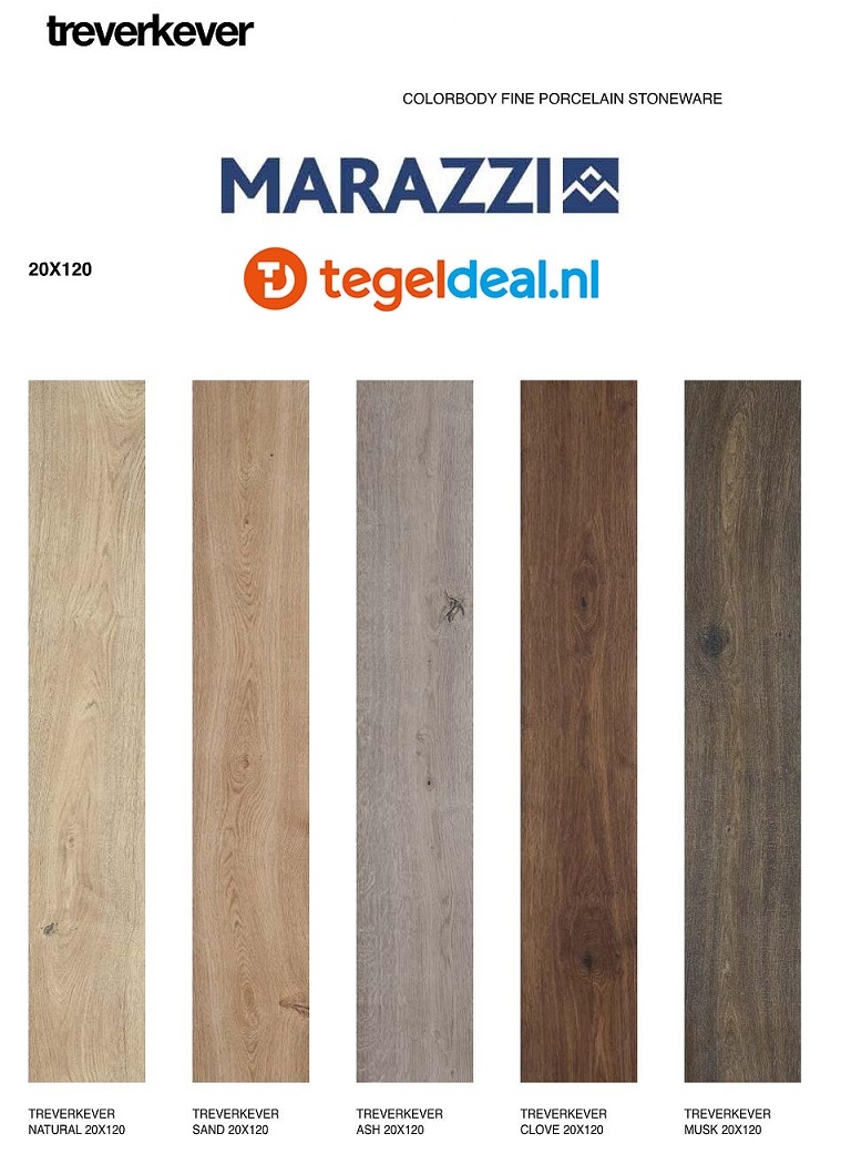 Marazzi Treverkever, houtlook tegels - 5 kleuren - 20x120 cm